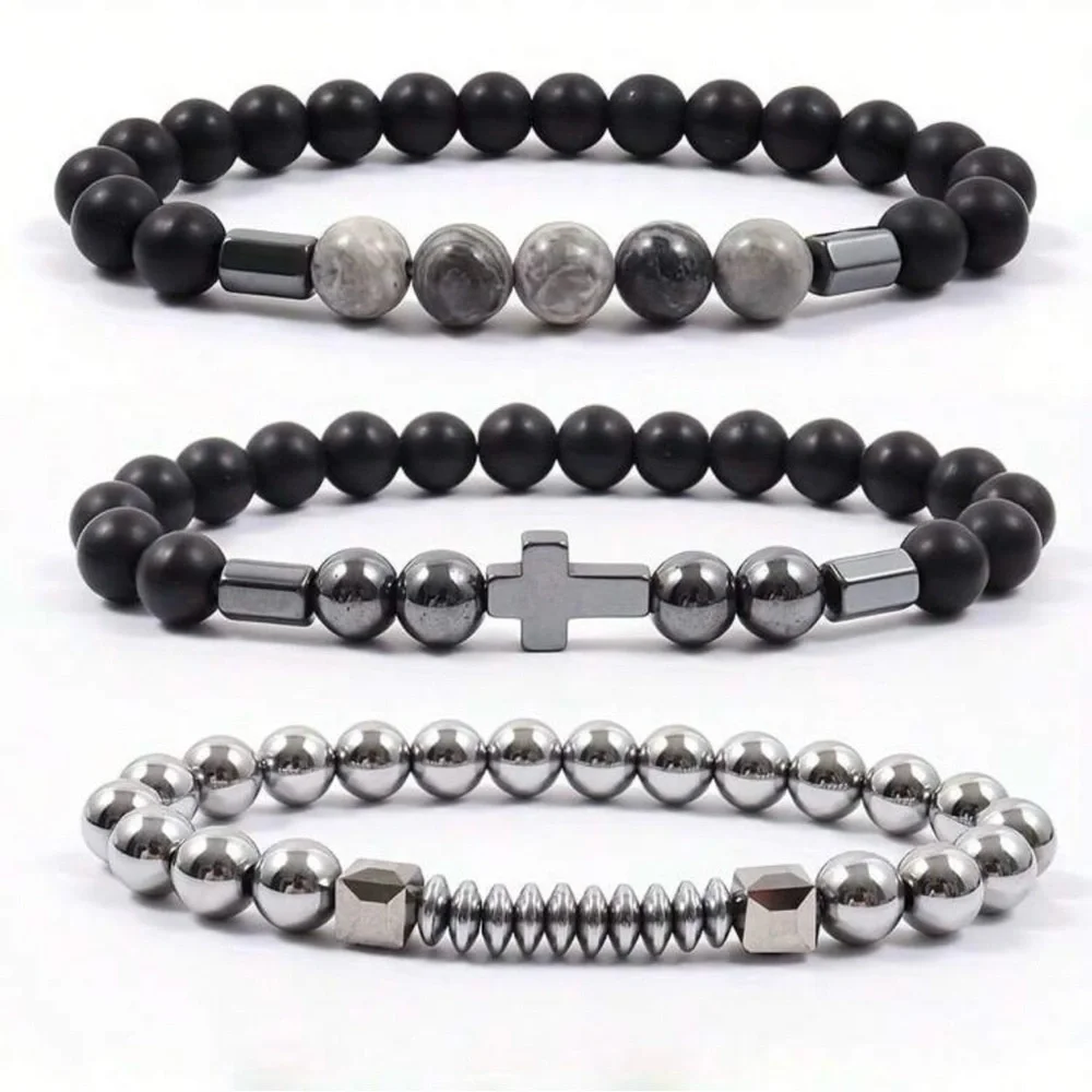 Cross Black and Silver Metal Beaded Bracelets, Set of 3